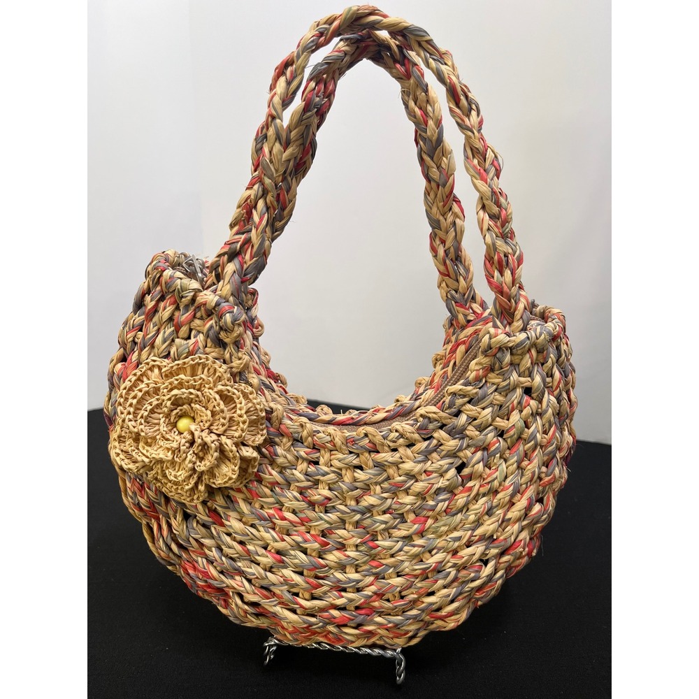 Woven Straw Hobo Bag Multi-Color Braided Raffia Flower Accent Summer Handbag